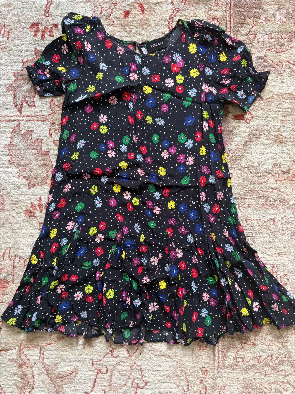 Yumi Kim Black Floral Ruffle Dress with Multicolor Blooms